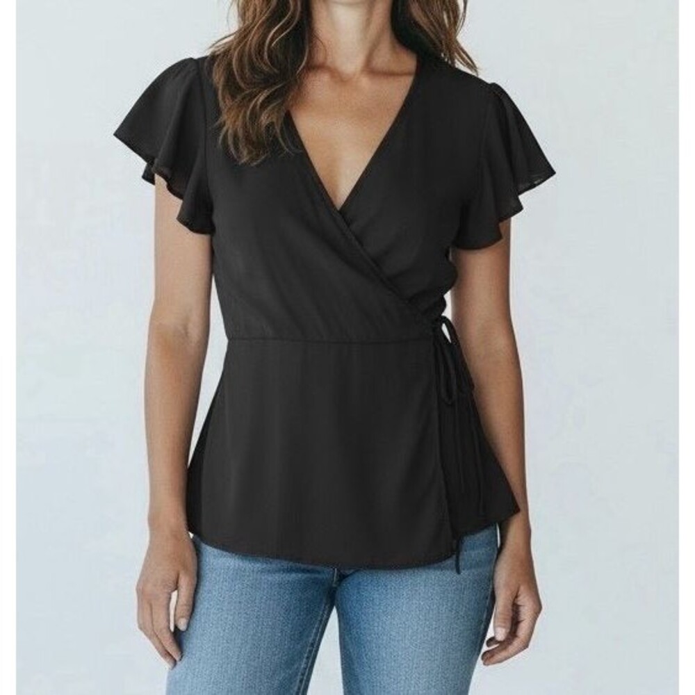Anthro MODCLOTH Black Retro True Tie Wrap Top Flutter Sleeves V-Neck Career NWT